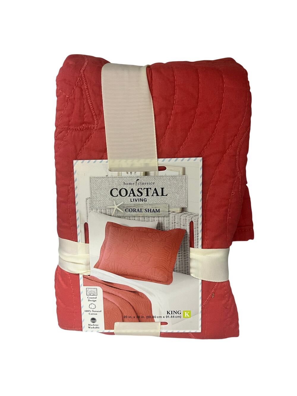 Home Classics Coastal Living King Coral Sham Quilted Pillow Case 100% Cotton NIP